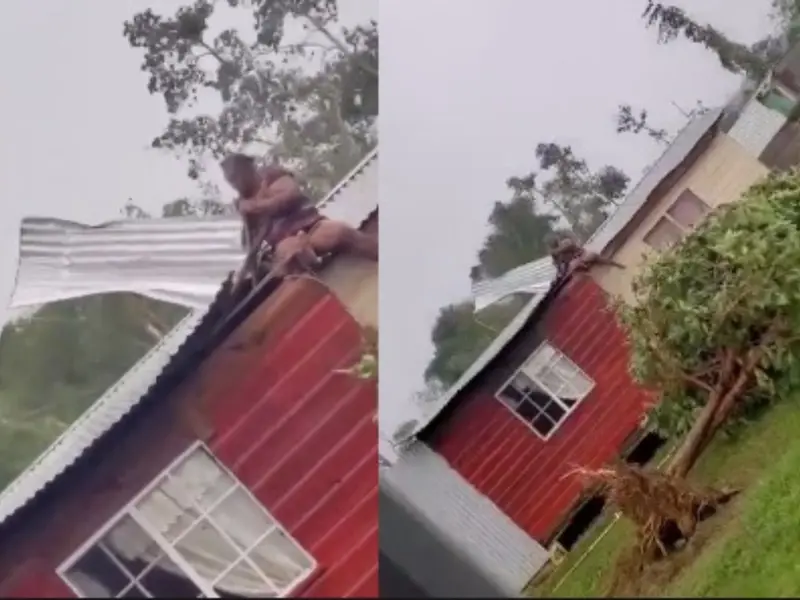 Mujer se aferra al techo de su casa para que el huracán Beryl no se lo lleve