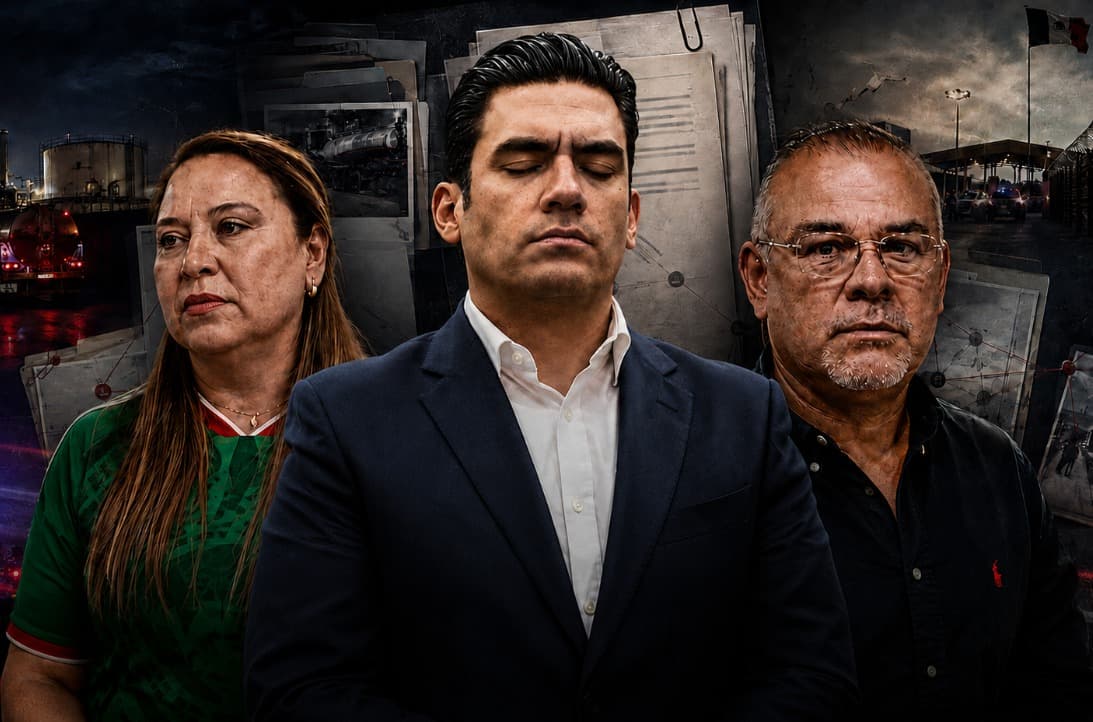 Gloria Garza Jiménez, César "Truko" Verástegui Ostos y un tercer hombre con expresión seria, en un fondo que sugiere