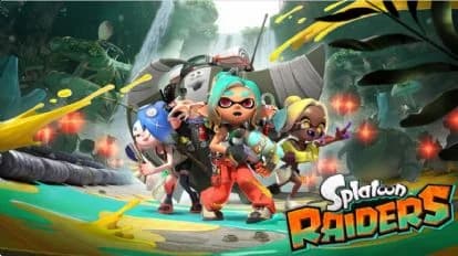 Personajes de Splatoon Raiders en un entorno selvático, listos para la acción con equipo de exploración y armas, destacando
