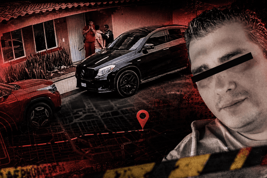 Detención de presuntos extorsionadores en Ecatepec, con vehículos involucrados y un hombre en primer plano, tras operativo policial.