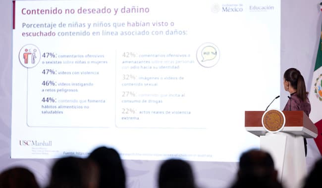 Claudia Sheinbaum presenta estadísticas sobre contenido no deseado en línea durante conferencia en Palacio Nacional.