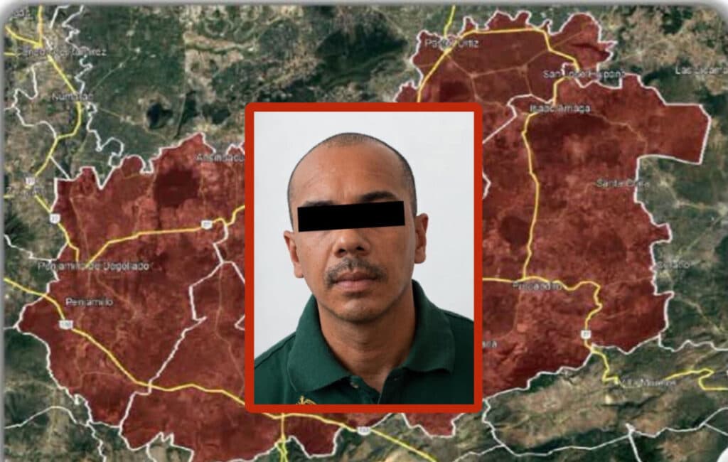 Detención de Manuel Alejandro “N”, alias “El Señor de la T”, señalado como coordinador del CJNG en Michoacán, sobre un mapa de la región.