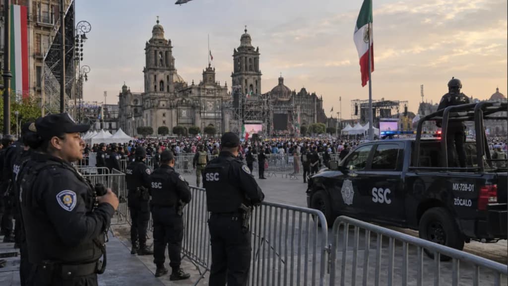Policías de la SSC resguardan el Zócalo de la CDMX durante las celebraciones del Grito de Independencia, con patrullas y público presente.